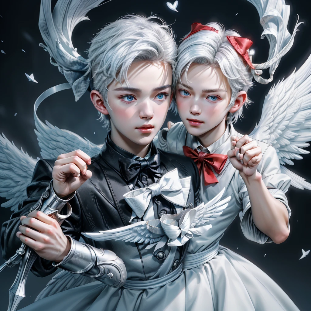 (max resolution: 1.2), (Ultra HDTV: 1.2), 8K resolution, Eye and skin details, face details, Body details, Limb details, (Sharp focus: 1.2 ), (Accurate focus) sharp face: 1.2), Cupid, (((Boy))), white hair, flying, white wings, (((hand holding love bow))),