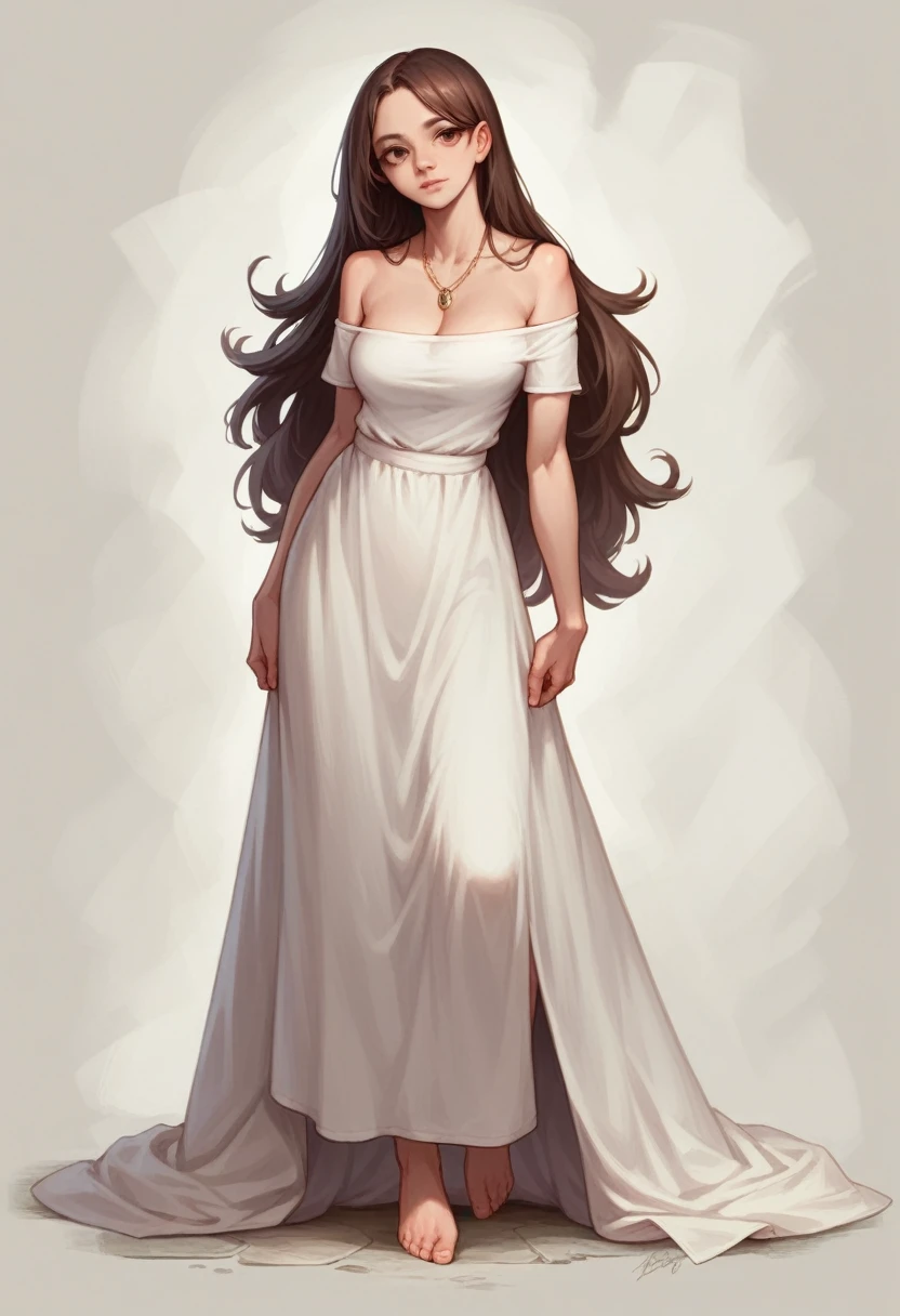 1girl in, 19, Solo, Long hair, Colossal cleavage, Looking at Viewer, blondehair, Bare shoulders, Brown eyes, jewely, Full body, a necklace, off shoulders, Realistic, A sexy, white tshirt, no trousers, full body photo