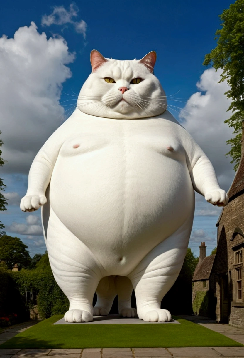 Giant fat Cat, full body, outdoor, by W. Heath Robinson and Abraham Pether, cinematic still, (best quality, masterpiece), very aesthetic, perfect composition, intricate details, ultra-detailed, vivid colors