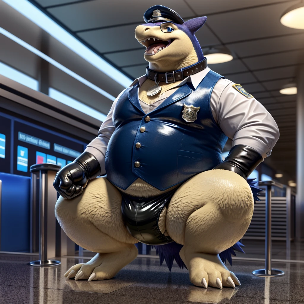 Solo, Male, fat, squatting, extremely obese, gentleman, dapper Typhlosion, pooping in diaper, blue eyes, (soft shading), 4k, hi res, ((detailed face, detailed)), looking at viewer, evil grin, Airport, TSA, TSA Uniform, collared shirt with buttons, hat, male focus, Police Uniform, glasses, monocle, vest with buttons, sleeves rolled up, round eyewear, headwear, vest, Typhlosion is wearing a glossy leather dog collar around the neck, Typhlosion is wearing the leather collar and shirt and vest at the same time, Typhlosion is wearing glossy white rubber gloves on the hands, wearing white rubber gloves on the feet, gloves are rubber in texture, mouth wide open, evil laugh, clenching fists, leather collar is glossy and shiny with a lot of detail, Typhlosion is wearing gloves and leather collar at the same time, leather collar has a round dog-tag, leather collar is thick and detailed, white rubber gloves on the feet, Typhlosion is wearing gloves and leather collar at the same time, leather collar has a round dog-tag, leather collar is thick and detailed, leather collar is glossy and shiny, fancy clothing, dapper vest, dapper shirt, leather collar is thick, glossy leather collar, Typhlosion is wearing a dirty diaper