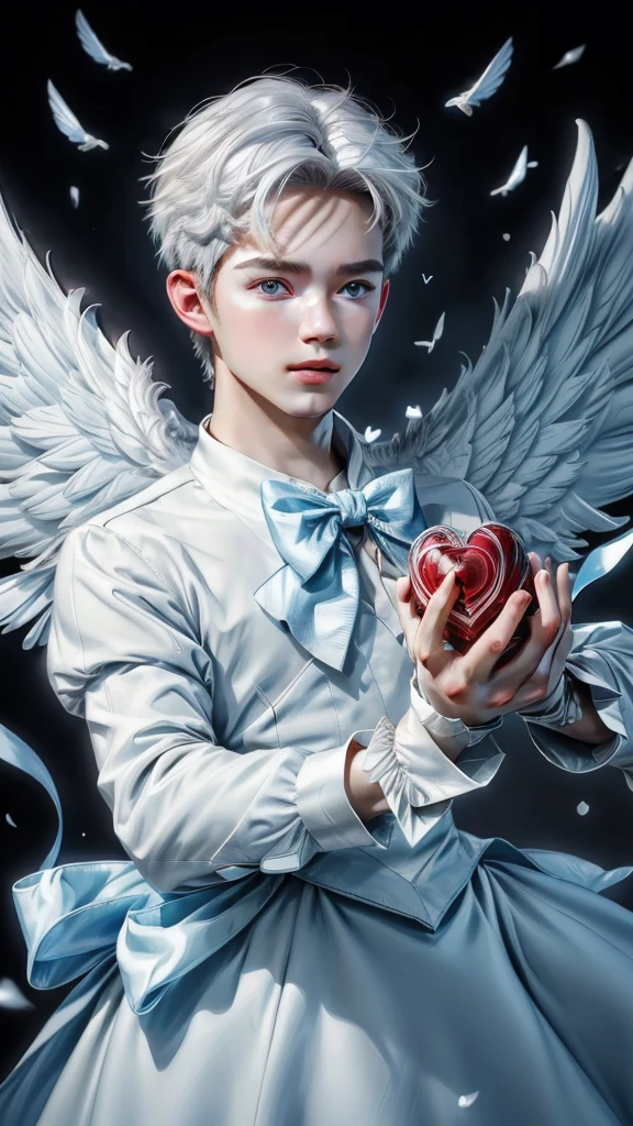 (max resolution: 1.2), (Ultra HDTV: 1.2), 8K resolution, Eye and skin details, face details, Body details, Limb details, (Sharp focus: 1.2 ), (Accurate focus) sharp face: 1.2), Cupid, (((Boy))), white hair, flying, white wings, (((hand holding love bow))),