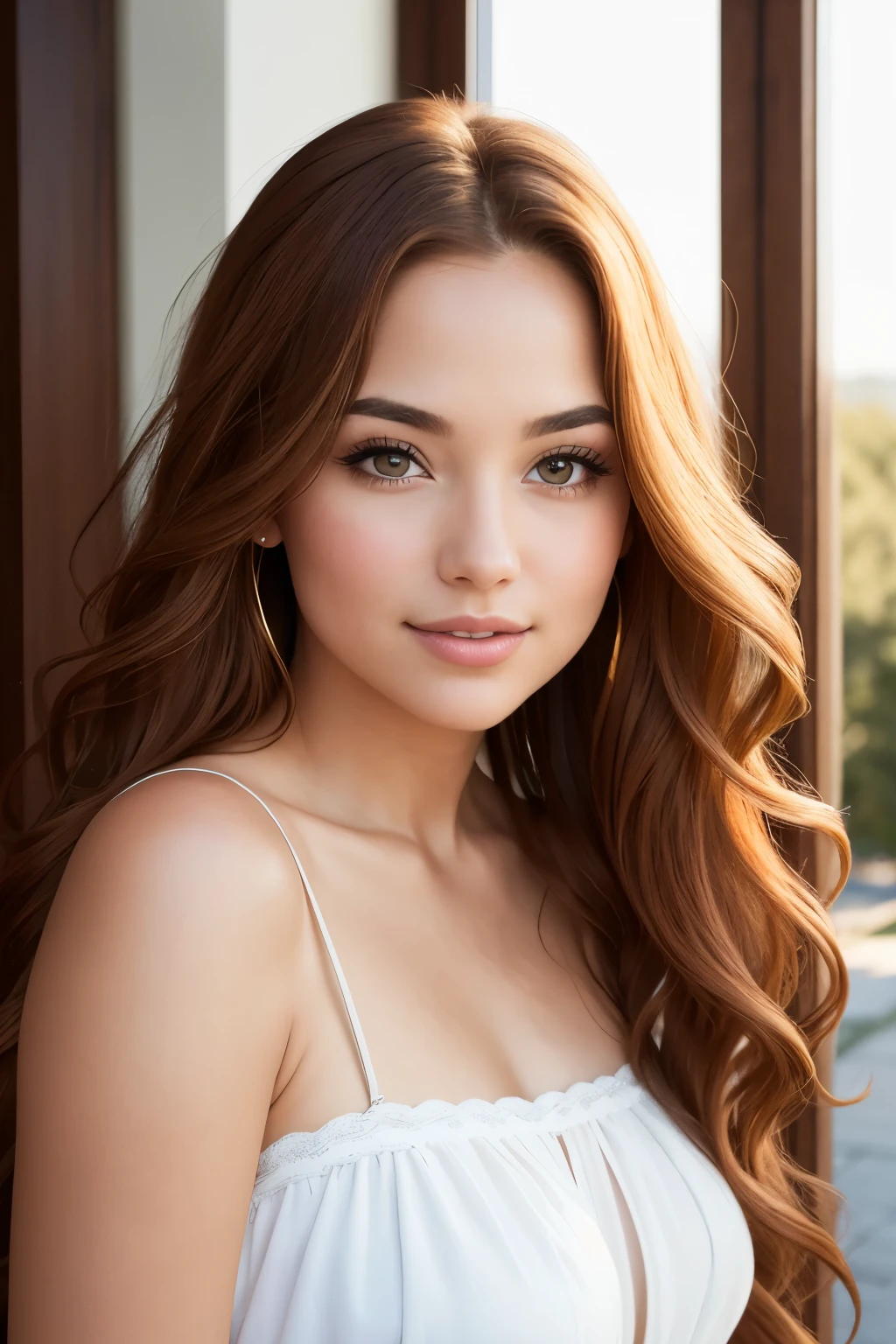 A photorealistic portrait of a 25-year-old girl embodies elegance and radiance with her cascading chestnut hair that flows like a river of auburn hues. Her striking brown eyes, filled with natural warmth and approachability, sparkle under the soft, golden-hour sunlight. The girl's lips, simply attractive, curve into a gentle smile, inviting the viewer into her inviting world. The background is a plain, pristine white, allowing the subject to truly shine. This captivating image is captured using a high-resolution photograph, achieved with an 85mm lens, ensuring a flattering perspective and highlighting the subject's every detail.