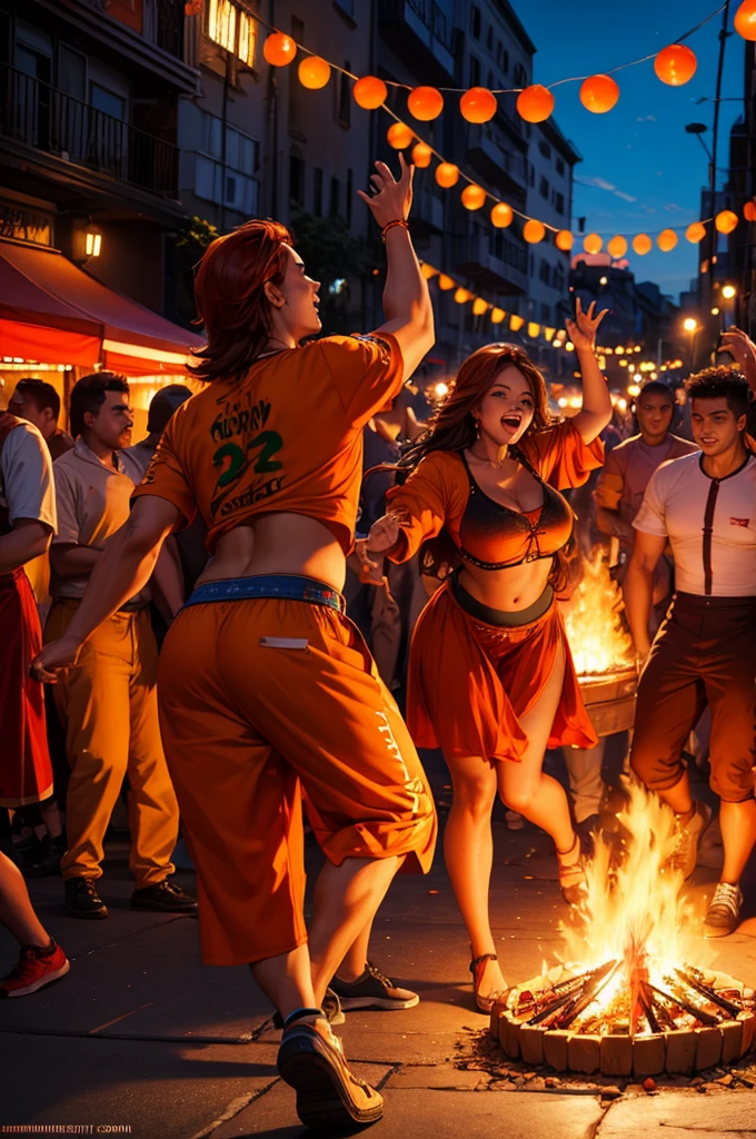 Street. Juan, orange, red, bonfire, 4k, illuminated, Streetarry Night, Street. Brazilian Juan, people dancing, sound, Music Group