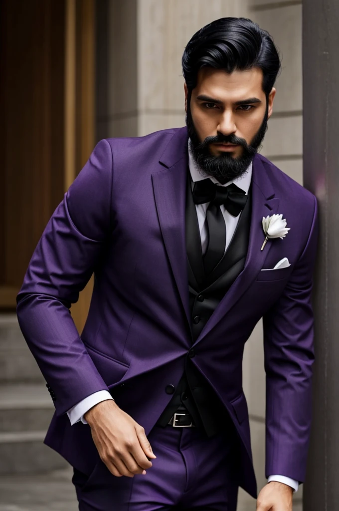 Man with black hair and beard wearing purple blazer and black tie