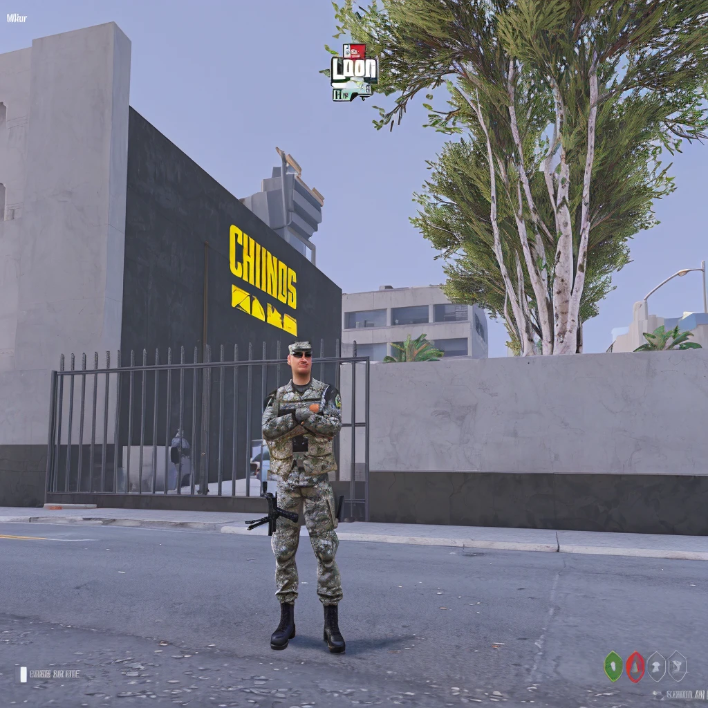 civil soldier in camouflage in front of a building, gta character, Laica Chrose, in-game, gta chinatowon art style, giga chad, absolute chad, gta, in-game, in-game, bonitas, smooth in _ o fundo, Security agent, camouflage uniform, gta v character, in gta san andreas