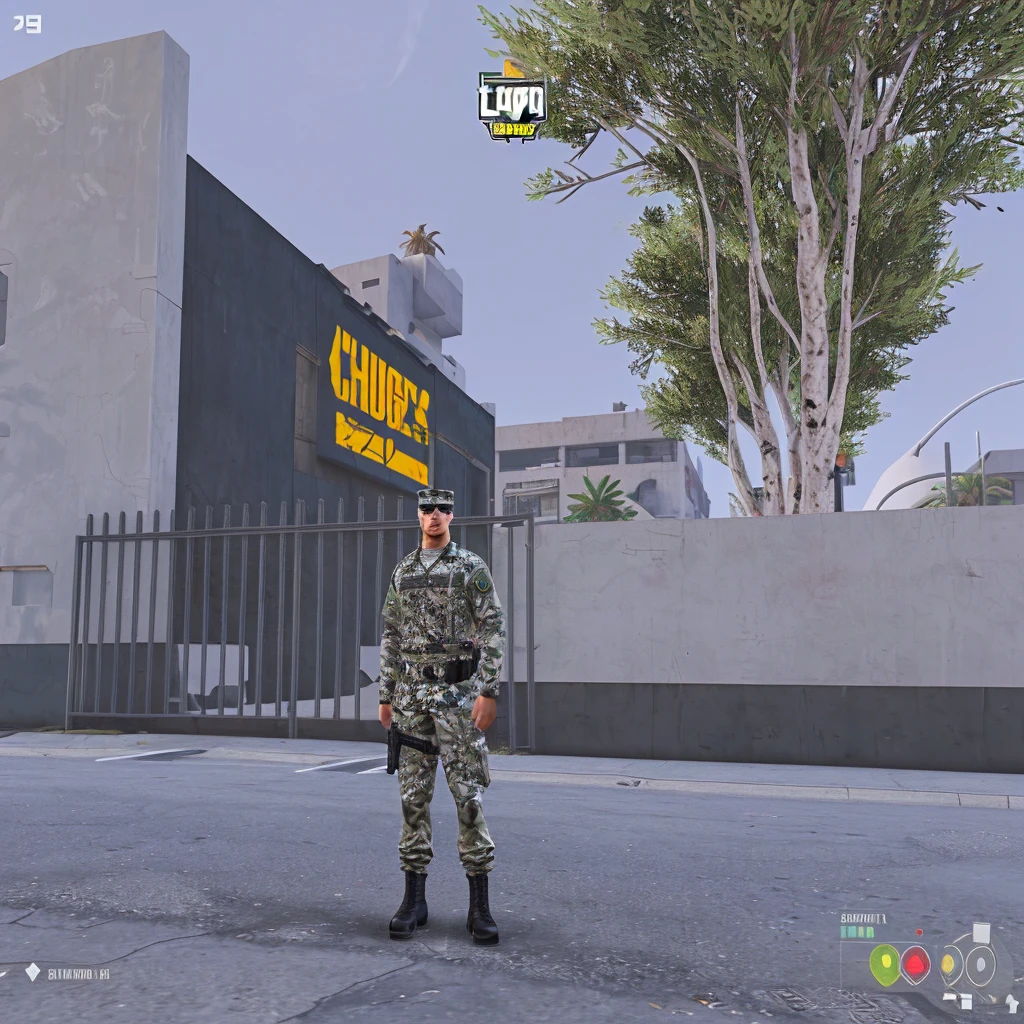 civil soldier in camouflage in front of a building, gta character, Laica Chrose, in-game, gta chinatowon art style, giga chad, absolute chad, gta, in-game, in-game, bonitas, smooth in _ o fundo, Security agent, camouflage uniform, gta v character, in gta san andreas
