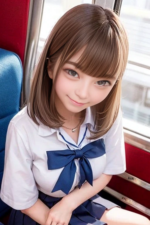 high school girl、uniform、Commuting to school、Inside the train、Sitting in a seat、1 girl、Bob Hair、Silver Hair、Medium breast、Smiling and looking up、Smile and stare、View from above、Highest quality、masterpiece:1.3、Raw photo、