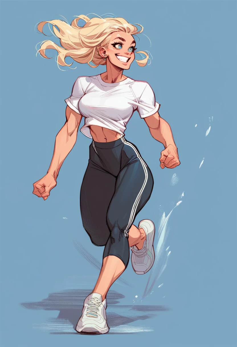 Score_9, Score_8_up, Score_7_up, 1 girl, blonde hair, almond eyes, curvy figure, hourglass figure, smile, white marathoner t-shirt, black leggings, sneakers, belly button, large bust, running, simple background, background white,