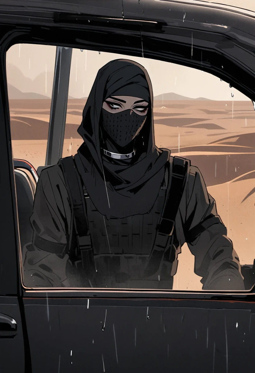 Male arab modern terrorist, terrorist, black balaclava, black bandage, black clothes, thin waist, skinny body, femboy, light skin, makeup, black eyeliner, big eyelashes, black eyeshadow, metal choker, light tanned skin, inside the car, desert, rain
