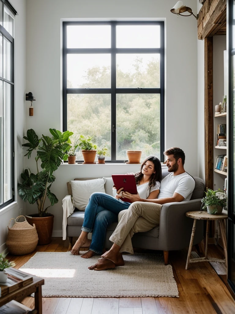 The picture shows a cozy living room scene with a couple relaxing together on a white sofa. The man is sitting upright, leaning back comfortably, while the woman is lying down with her head resting on his lap. They both appear content and are looking at a smartphone the woman is holding. The room has a light and airy feel, with a large window allowing natural light to fill the space. There's an air conditioning unit mounted on the wall behind them. The wall has a rustic, partially distressed look, adding character to the room. There's also a side table with decorative items, a potted plant, and a floor lamp in the background. The overall atmosphere is relaxed and intimate.
