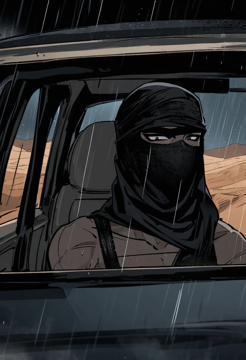 Male arab modern terrorist, terrorist, black balaclava, black bandage, black clothes, thin waist, skinny body, femboy, light skin, makeup, black eyeliner, big eyelashes, black eyeshadow, metal choker, light tanned skin, inside the car, desert, rain, night
