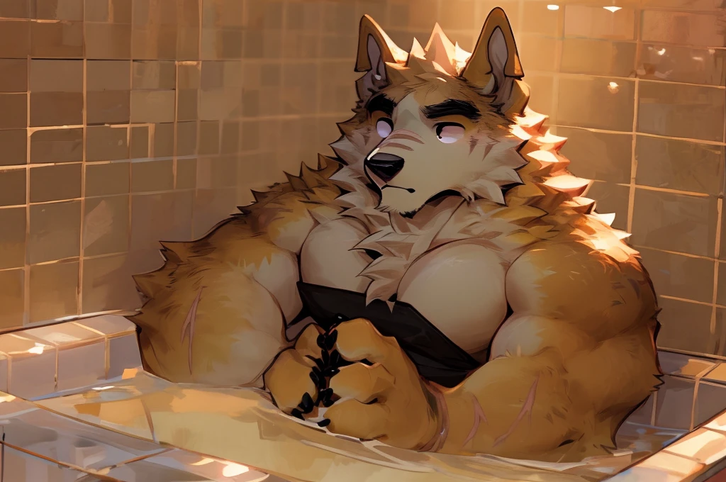 Copper RTF, masterpiece, single,best quality, Absurd answer, By Qingshan, cooperrtf,hairy, dog, male, muscular, Solitary,Black pupil, black eyes, Thick eyebrows, Orange fur, Brown fur, (Scars on eyes:0.9), Fluffy, Tail, bath,Backlight, White tiled walls,Lovely body proportions