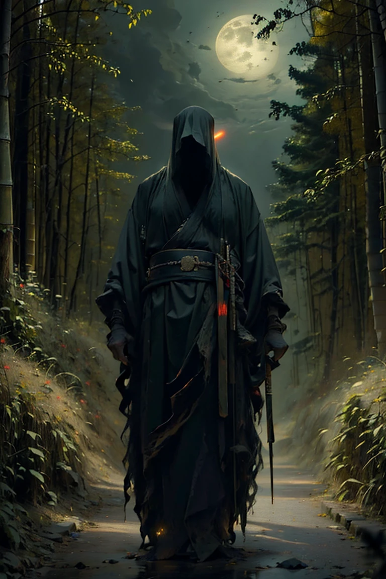 (best quality, 4k, highres, masterpiece:1.2), ultra-detailed, (realistic, photorealistic, photo-realistic:1.37), a man dressed as a samurai stands in the rain, wearing a bamboo hat (kasa) on his head. He is surrounded by a dense forest, alive with the sounds of nature. It's a moonlit night, and the darkness adds to the mysterious ambiance. The man is wearing a black kimono with neon red stripes that glow in the darkness, making him stand out in the scene. His sword (katana) is unsheathed, ready for action in the face of imminent disasters.