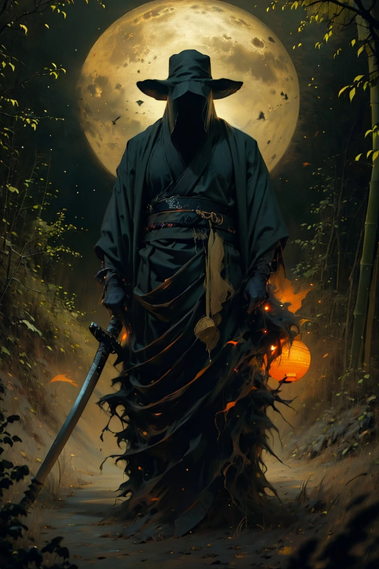 (best quality, 4k, highres, masterpiece:1.2), ultra-detailed, (realistic, photorealistic, photo-realistic:1.37), a man dressed as a samurai stands in the rain, wearing a bamboo hat (kasa) on his head. He is surrounded by a dense forest, alive with the sounds of nature. It's a moonlit night, and the darkness adds to the mysterious ambiance. The man is wearing a black kimono with neon red stripes that glow in the darkness, making him stand out in the scene. His sword (katana) is unsheathed, ready for action in the face of imminent disasters.