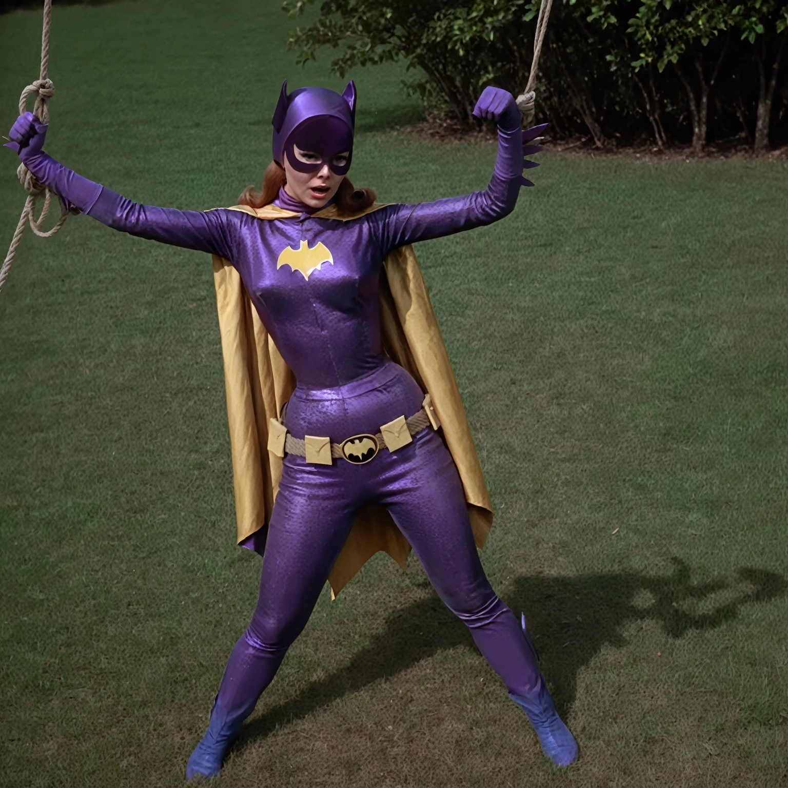 yvonne craig woman, standing facing camera, shrugged shoulders, her body is tied by a rope which contracts and squeeze her body, she cant move while she is squeezed by the rope, she is in pain, we see her injures, 60's style, analog film, on grass, film grain