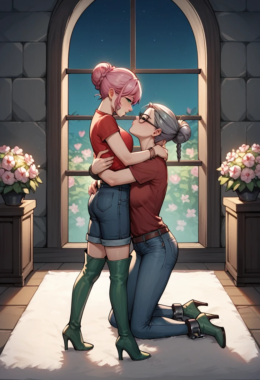 score_9, score_8_up, score_7_up, score_6_up, score_5_up, score_4_up, source_anime, 2girl, kissing, worth, pink hair, hair bun, black eyes, w-w-chain, shackles, worning arms, clean hair, red shirt, shorts, green boots, thigh boots, night, windows, carpet, flowers, dungeon, best quality, best res, 4K UHD,
1girl, gray hair, braids, green eyes, bracelet, undershirt, jacket, jeans, black stockings, high heels, kiss girl, hugging her, worth, full body, slim girls, cry, glasses,