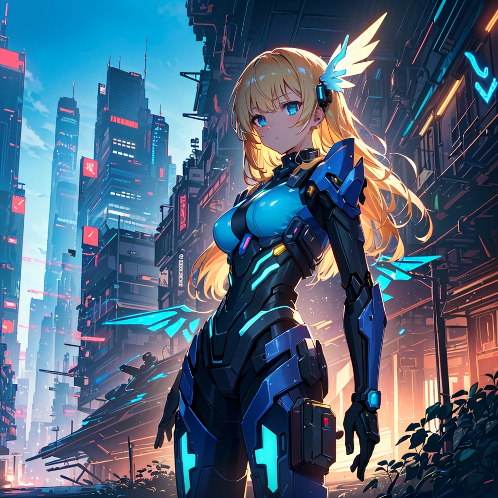 (best quality, 16k, ultra detailed, detailed face),
(masterpiece), (perfect anatomy:1.4), ((cyberpunk)),
(blown skin:1.4), (1girl, solo), (spread glowing mecha wing unit:1.3), (glowing mecha weapon:1.2), (mecanical light gun),(serulean blue sky, future cityscape:1.3), , vivid blond hair, (two side up, long hair), medium breasts,