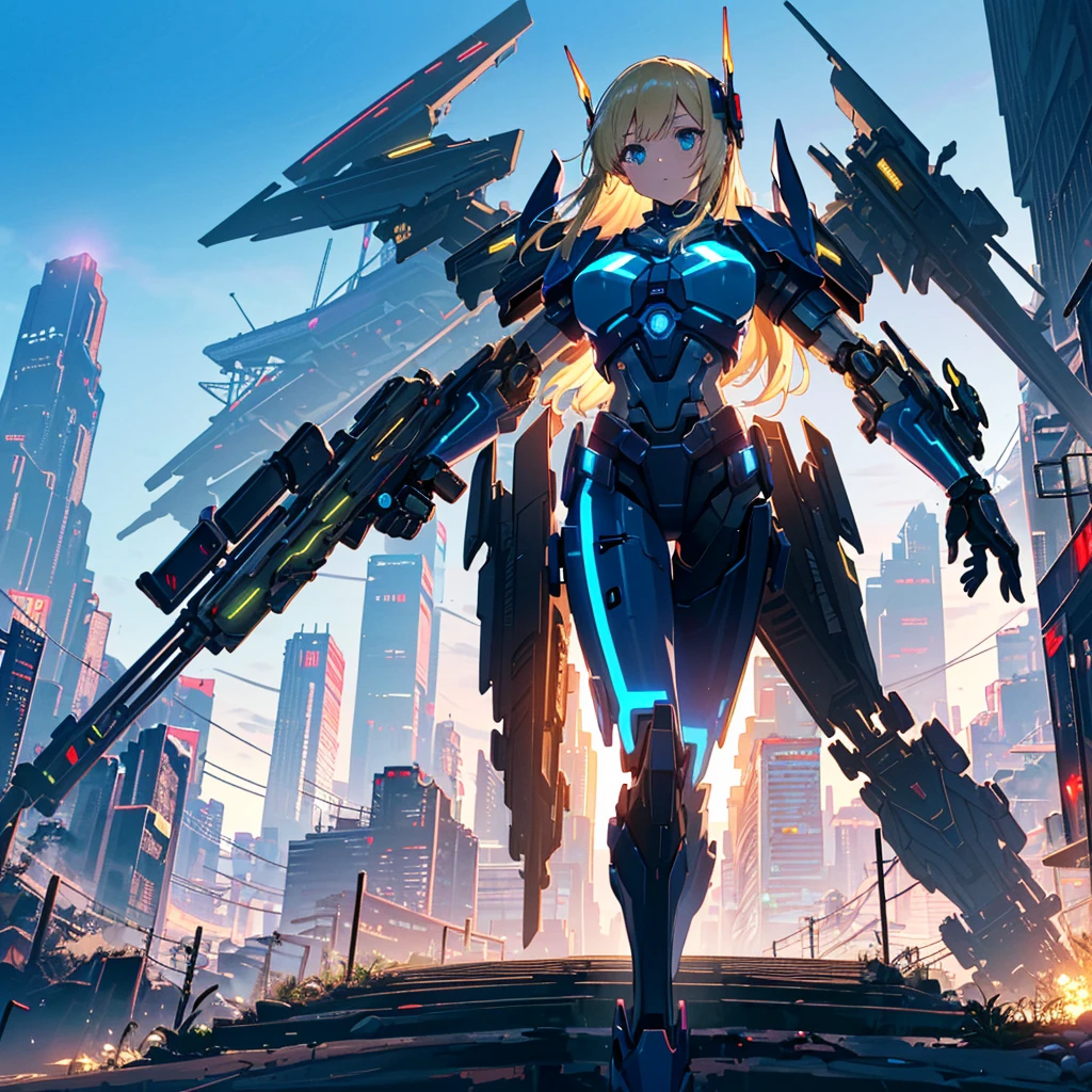 (best quality, 16k, ultra detailed, detailed face),
(masterpiece), (perfect anatomy:1.4), ((cyberpunk)),
(blown skin:1.4), (1girl, solo), (spread glowing mecha wing unit:1.3), (glowing mecha weapon:1.2), (mecanical light gun),(serulean blue sky, future cityscape:1.3), , vivid blond hair, (two side up, long hair), medium breasts,