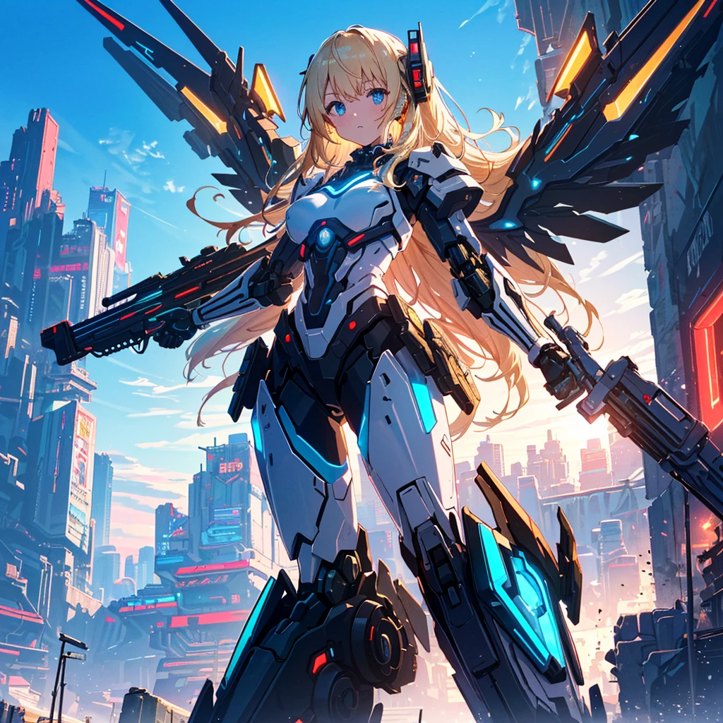 (best quality, 16k, ultra detailed, detailed face),
(masterpiece), (perfect ???????:1.4), ((cyberpunk)),
(blown skin:1.4), (1girl, solo), (spread glowing mecha wing unit:1.3), (glowing mecha weapon:1.2), (mecanical light gun),(serulean blue sky, future cityscape:1.3), 17 years old, vivid blond hair, (two side up, long hair), medium breasts,