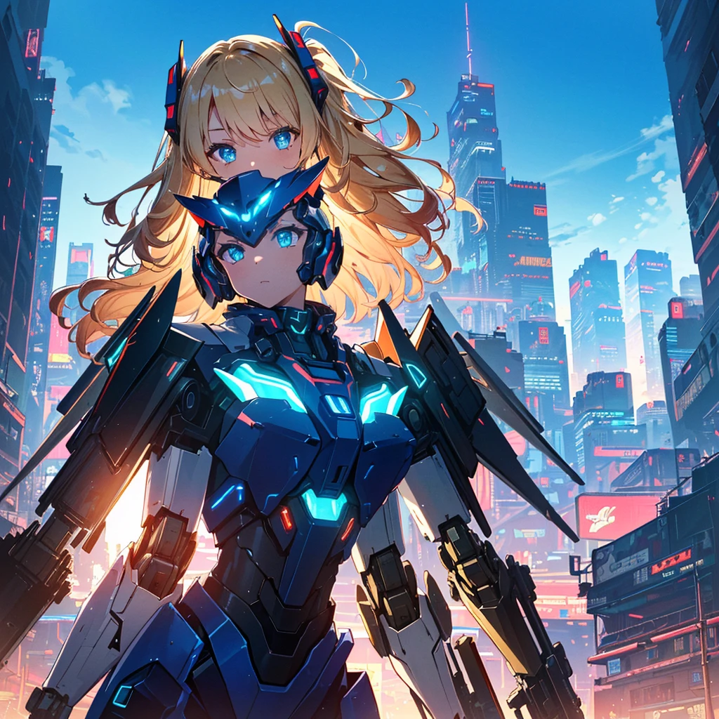 (best quality, 16k, ultra detailed, detailed face),
(masterpiece), (perfect anatomy:1.4), ((cyberpunk)),
(blown skin:1.4), (1girl, solo), (spread glowing mecha wing unit:1.3), (glowing mecha weapon:1.2), (mecanical light gun),(serulean blue sky, future cityscape:1.3), 17 years old, vivid blond hair, (two side up, long hair), medium breasts,