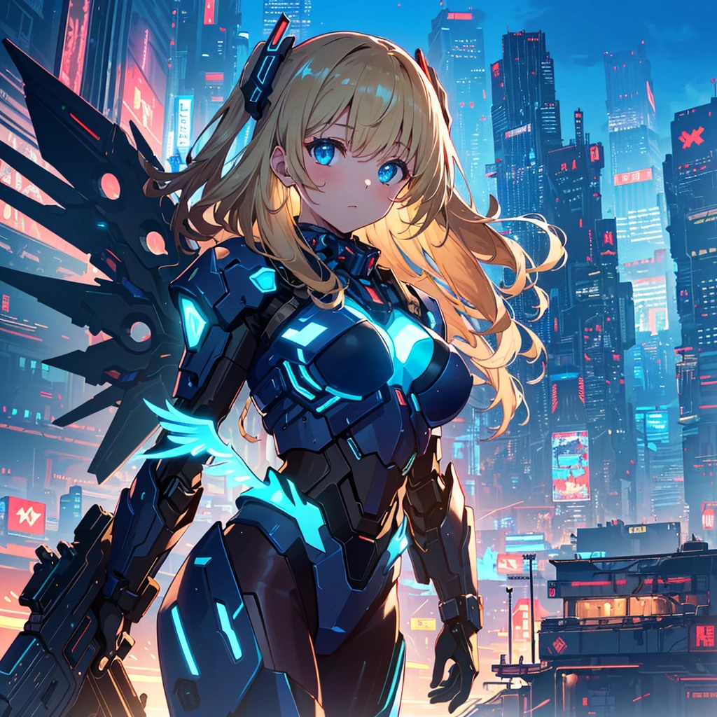 (best quality, 16k, ultra detailed, detailed face),
(masterpiece), (perfect anatomy:1.4), ((cyberpunk)),
(blown skin:1.4), (1girl, solo), (spread glowing mecha wing unit:1.3), (glowing mecha weapon:1.2), (mecanical light gun),(serulean blue sky, future cityscape:1.3), 17 years old, vivid blond hair, (two side up, long hair), medium breasts,