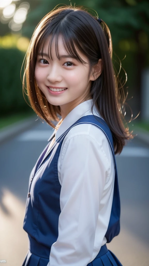 (8k、live-action、Raw photo、Highest quality、masterpiece:1.2),(Outdoors,Front lighting:1.2),((Perfect lighting)),(Wet hair),Watching the audience,Sexy pose, cute smile,18-year-old,student,White skin,knees,Small Face,Part the front hair from the center、The forehead is visible,skinny,skinny)、masterpiece,Highest quality、超A high resolution,one person, solo,Close-up shot、cute、Back to Students,(Japanese school uniform:1.3),High school girl,Japanese women,(Photoreal:1.37)、Photon Mapping,Realistic、cuteSmall Face,Brown eyes、prospect、Depth of written boundary、Blurred Background、Real,(I can see the front hair), hair, I can see the knees, thigh,(Nogizaka Idol), actress、Big and ample breasts、Cleavage、Super fine、Low people、(Skin with visible pores:1.2)、(Focus on the face)、Natural neck、Check and correct the skeleton