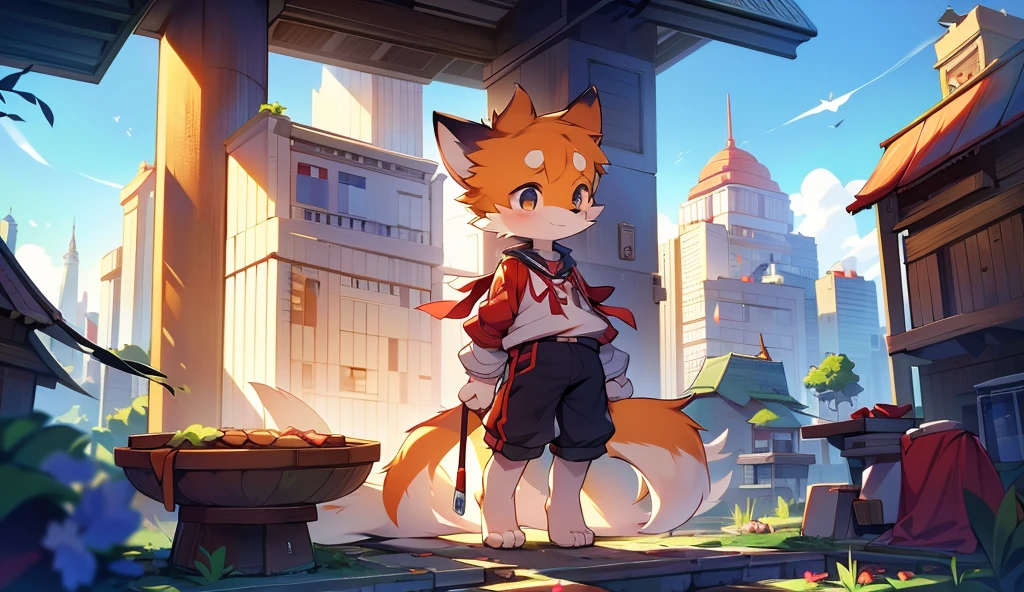 fox boy,8k resolution,Furry, Uniform attire,Red collar,feetは二つ,feetで立つ! towering,lanky,lanky,:slim body,:tall hands,feet,It's bright outside,Collapsed City,building,broken,・split arms,・bad anatomy,・bad body,Kobe City