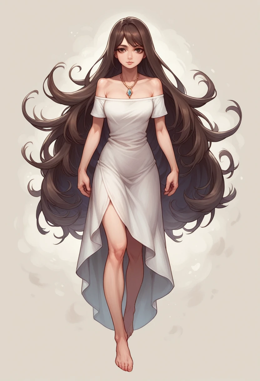 1girl in, age19, Solo, Long hair, Colossal cleavage, Looking at Viewer, blondehair, Bare shoulders, Brown eyes, jewely, Full body, a necklace, off shoulders, Realistic, A sexy, white tshirt, no trousers, extra real