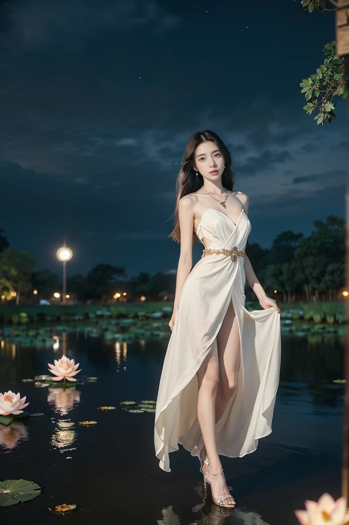 (((best quality))),(((ultra detailed))),(((masterpiece))),illustration,((1 beautiful young  girl,solo)),((slim,thin)),(shoulder length straight hair:1.2),((earrings,necklace)),((small breasts,flat chest)),(dress:1.3),((slender legs,high heels)),(beside the lotus pond full of lotus flowers:1.3), serene moonlight, ethereal,floral pattern, water movement, billowing fabric, tranquil,petals, fireflies, magical warm light, dreams, invitation, (standing:1.3),(arms behind back:1.3),gazing, inner thoughts, emotional, sweet scent, natural beauty, solitude, hypnotic lull, eternal summer,(night scene:1.3), natural world, human spirit, celebration, backdrop, glow,(from front:1.5),(full body:1.2)