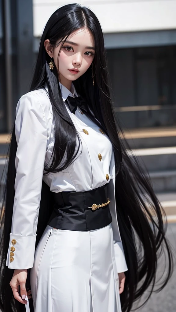 สาวสวยTwo meter long hair, long black hair, wear a suit, wear a suit over it., Turn off all buttons., (เสื้อเชิ้ตwhite), (Thai women&#39;necktieสีดำ), (military rank insignia), (กระโปรงสั้นwhite), tight, (Dynamic posts), full body, (big breasts, Thin body, small waist, hips raised, small thighs, Long legs), A gigantic rift, high-heelsสีดำ, business woman, beautiful woman, Wear a suit and tie., Short skirt, busines suitwhite, กระโปรงดินสอสั้นwhite, busines suitรัดรูป, All white outfit, Emphasize the curves of the body, (สาวสวยTwo meter long hair, my hair is very long., extra long hair, long black hair), busines suit, (Italian style suit, two button suit), (italian dress, white สูท, Set of two buttons), (Women's Suit, women&#39;s business suit, white), (สูทผู้หญิงwhite), (เสื้อเชิ้ตwhite), necktie, (necktieสั้นสีดำ, necktieสีดำ, necktieผอม, ถักnecktie), (military rank insignia), (Short pencil skirtwhite), (Dynamic posts), full body, (A gigantic rift), (big breasts, Thin body, small waist, hips raised, small thighs, Long legs), high-heelsสีดำ, (Short pencil skirt, white), Wearing a suit for a business woman, (Wearing a white businesสูท, busines suitหญิงwhite), (tight, military regalia, เสื้อwhite, กระโปรงwhite), Long legs, (black shoes), (Two gold สูท buttons, Two meter long hair, Form-fitting suit, เสื้อสูทwhiteทรงธรรมดารัดรูป), (black shoes, high-heels), (stand, walk, elegant posture, Dynamic posts), short dress, earring, garden, modeling, ภาพfull body, เหมือนfull body