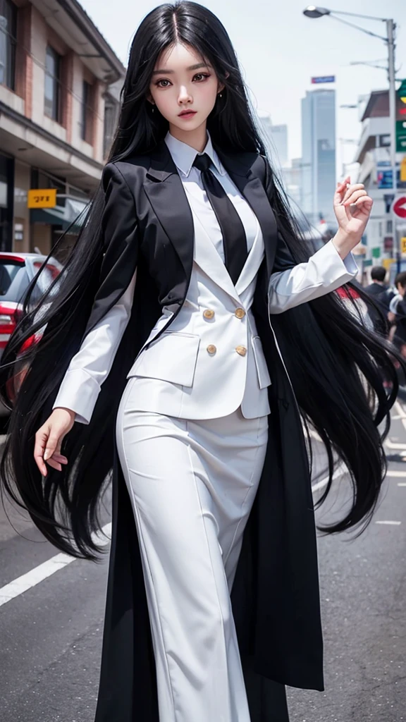 สาวสวยTwo meter long hair, long black hair, wear a suit, wear a suit over it., Turn off all buttons., (เสื้อเชิ้ตwhite), (Thai women&#39;necktieสีดำ), (military rank insignia), (กระโปรงสั้นwhite), tight, (Dynamic posts), full body, (big breasts, Thin body, small waist, hips raised, small thighs, Long legs), A gigantic rift, high-heelsสีดำ, business woman, beautiful woman, Wear a suit and tie., Short skirt, busines suitwhite, กระโปรงดินสอสั้นwhite, busines suitรัดรูป, All white outfit, Emphasize the curves of the body, (สาวสวยTwo meter long hair, my hair is very long., extra long hair, long black hair), busines suit, (Italian style suit, two button suit), (italian dress, white สูท, Set of two buttons), (Women's Suit, women&#39;s business suit, white), (สูทผู้หญิงwhite), (เสื้อเชิ้ตwhite), necktie, (necktieสั้นสีดำ, necktieสีดำ, necktieผอม, ถักnecktie), (military rank insignia), (Short pencil skirtwhite), (Dynamic posts), full body, (A gigantic rift), (big breasts, Thin body, small waist, hips raised, small thighs, Long legs), high-heelsสีดำ, (Short pencil skirt, white), Wearing a suit for a business woman, (Wearing a white businesสูท, busines suitหญิงwhite), (tight, military regalia, เสื้อwhite, กระโปรงwhite), Long legs, (black shoes), (Two gold สูท buttons, Two meter long hair, Form-fitting suit, เสื้อสูทwhiteทรงธรรมดารัดรูป), (black shoes, high-heels), (stand, walk, elegant posture, Dynamic posts), short dress, earring, garden, modeling, ภาพfull body, เหมือนfull body