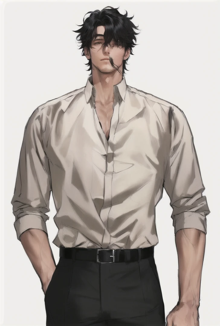 Handsome man inspired by anime, with messy black hair and a mulet haircut wearing a black suit or outfit