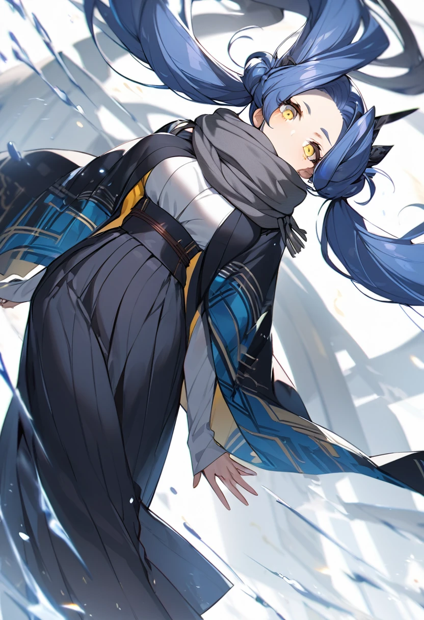 (One very tall woman,Navy Blue Hair,Her hairstyle is twin tails that expose her forehead.,yellow eyes,Medium Bust, Dynamic Angle)Black haori,Black Hakama,Wear a long grey scarf around your neck