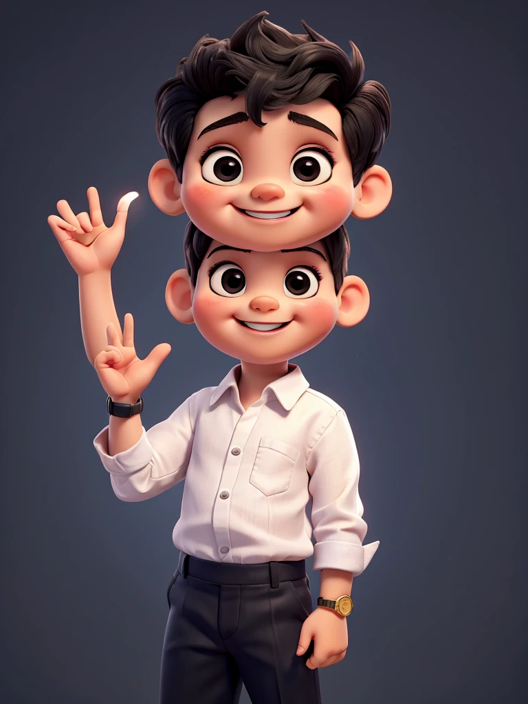 The image shows a cute baby with big smile with their left hand raised, making a gesture that could be interpreted as a love sign and right hand with watch. He are wearing a white shirt and dark pants. The background is black.