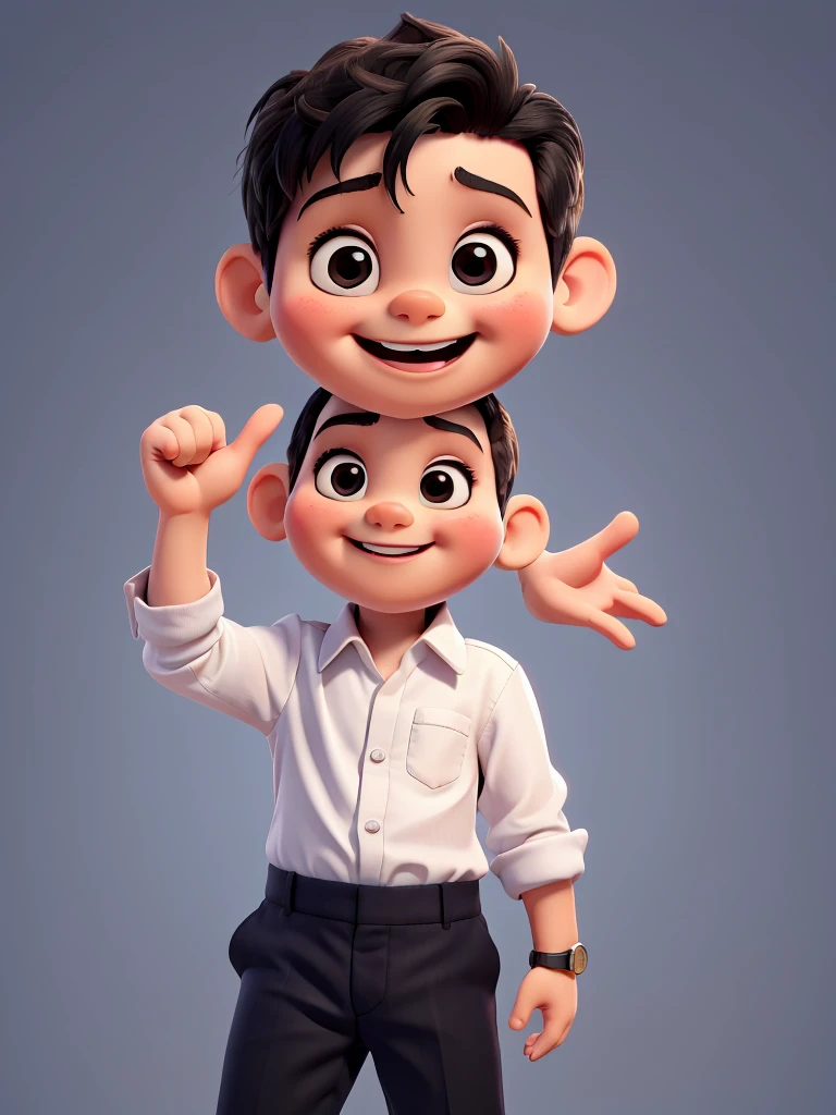 The image shows a cute baby with big smile with their left hand raised, making a gesture that could be interpreted as a love sign and right hand with watch. He are wearing a white shirt and dark pants. The background is black.