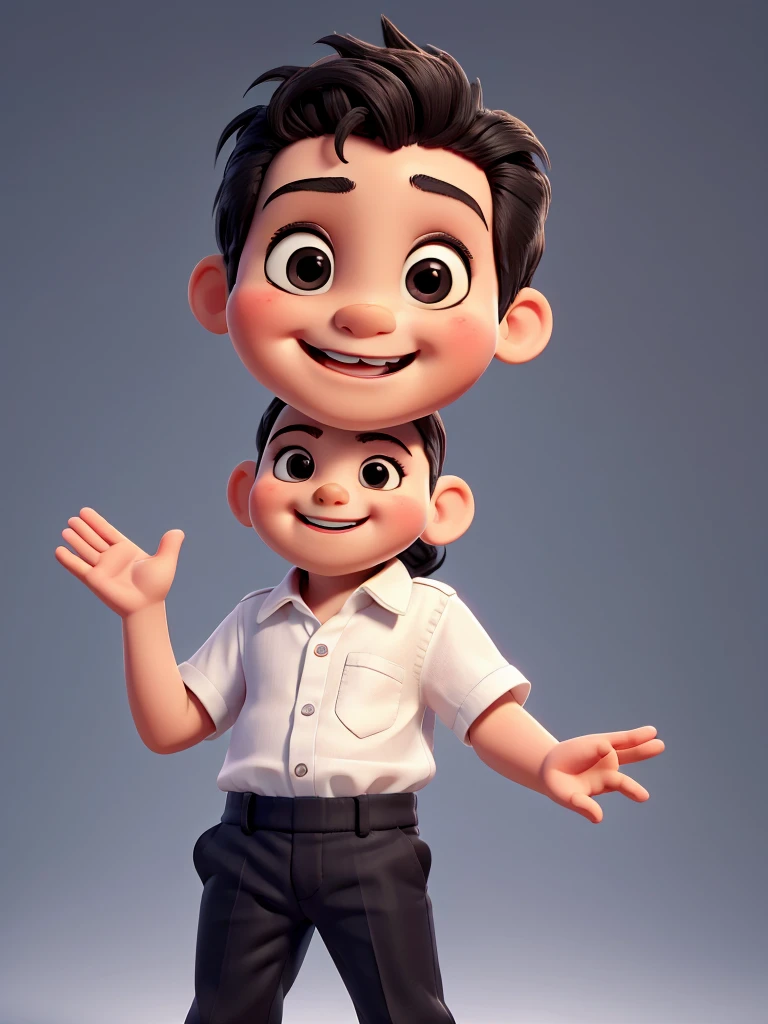 The image shows a cute baby with big smile with their left hand raised, making a gesture that could be interpreted as a love sign and right hand with watch. He are wearing a white shirt and dark pants. The background is black.