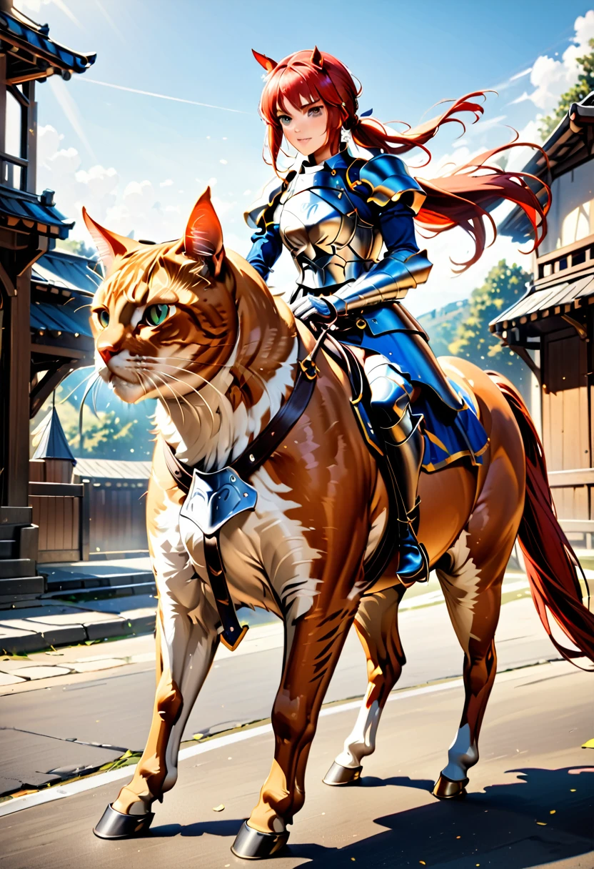 arafed a picture of a human knight riding an ((epic sized cat: 1.3)) וin fantasy street, a a human knight, full body, ((anatomically correct: 1.5), female knight, red hair, long hair, hair in a pony tail, wearing knight's armor, decorated armor, high heeled boots, BREAK riding a ((cat big as a horse: 1.5)), the cat is wearing armor ready for battle, dynamic color cat Hyperrealism style, vibrant, Ultra-high resolution, High Contrast, (masterpiece:1.5), highest quality, Best aesthetics), best details, best quality, highres, ultra wide angle, 16k, [ultra detailed], masterpiece, best quality, (extremely detailed) RAW, ArmoredDress