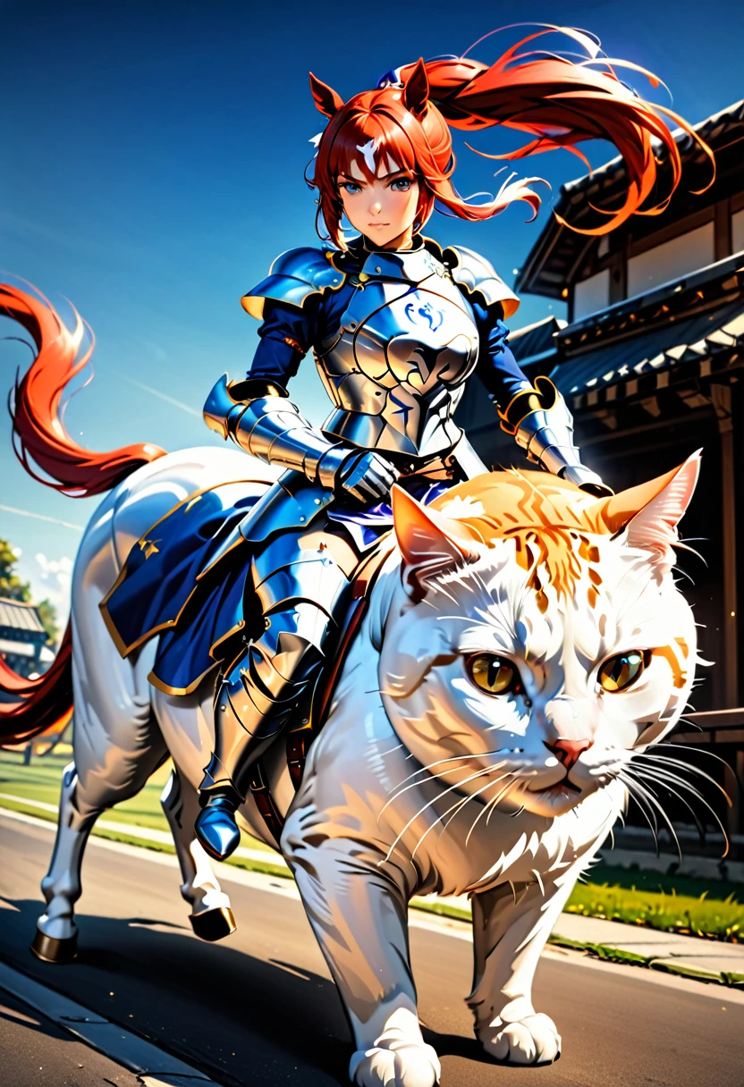 arafed a picture of a human knight riding an ((epic sized cat: 1.3)) וin fantasy street, a a human knight, full body, ((anatomically correct: 1.5), female knight, red hair, long hair, hair in a pony tail, wearing knight's armor, decorated armor, high heeled boots, BREAK riding a ((cat big as a horse: 1.5)), the cat is wearing armor ready for battle, dynamic color cat Hyperrealism style, vibrant, Ultra-high resolution, High Contrast, (masterpiece:1.5), highest quality, Best aesthetics), best details, best quality, highres, ultra wide angle, 16k, [ultra detailed], masterpiece, best quality, (extremely detailed) RAW, ArmoredDress