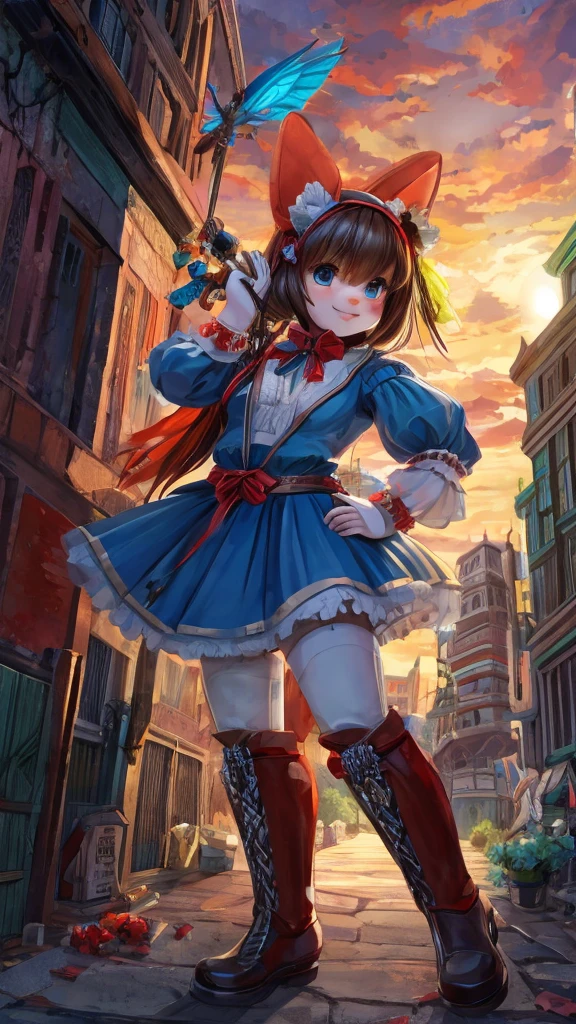 Giant doll crushing blue buildings 