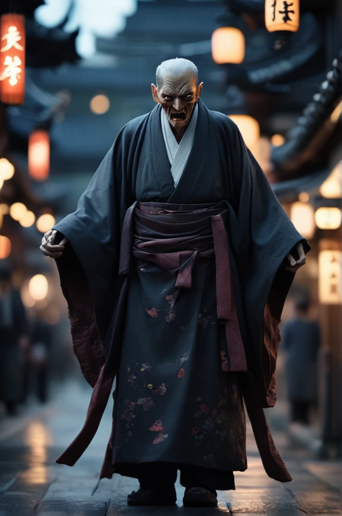 Steampunk night city、There are a lot of demons in the background、Full Body Shot、Horror-themed movie stills,、Calm, big-headed old man, (Full body portrait:1.3), Nurarihyon、I'm wearing a kimono, Shallow depth of field, Vignette, Very detailed, High budget, Bokeh, CinemaScope, Sulky, amazing, nice, Film Grain, granular . Creepy, Anxious, dark, Creepyな, Suspenseful, strict, Very detailed
