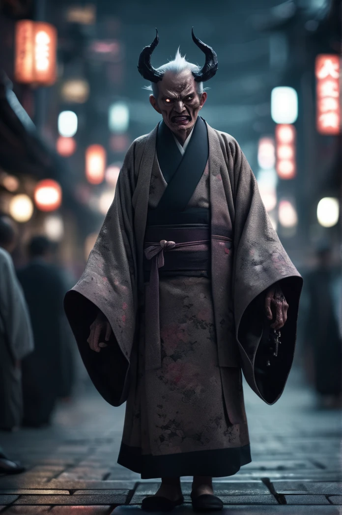 Steampunk night city、There are a lot of demons in the background、Full Body Shot、Horror-themed movie stills,、Calm, big-headed old man, (Full body portrait:1.3), Nurarihyon、I'm wearing a kimono, Shallow depth of field, Vignette, Very detailed, High budget, Bokeh, CinemaScope, Sulky, amazing, nice, Film Grain, granular . Creepy, Anxious, dark, Creepyな, Suspenseful, strict, Very detailed