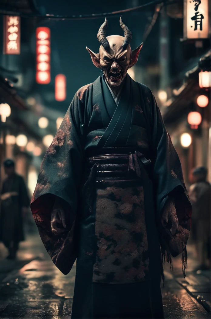 Steampunk night city、There are a lot of demons in the background、Full Body Shot、Horror-themed movie stills,、Calm, big-headed old man, (Full body portrait:1.3), Nurarihyon、I'm wearing a kimono, Shallow depth of field, Vignette, Very detailed, High budget, Bokeh, CinemaScope, Sulky, amazing, nice, Film Grain, granular . Creepy, Anxious, dark, Creepyな, Suspenseful, strict, Very detailed