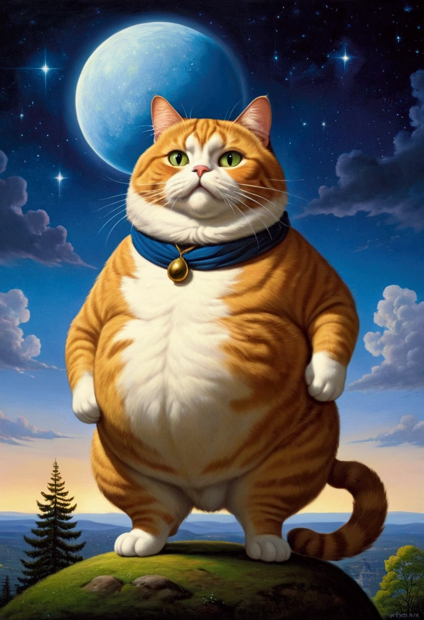 Giant fat Cat, full body, outdoor, by Cyril Rolando, cinematic still, (best quality, masterpiece), very aesthetic, perfect composition, intricate details, ultra-detailed, vivid colors