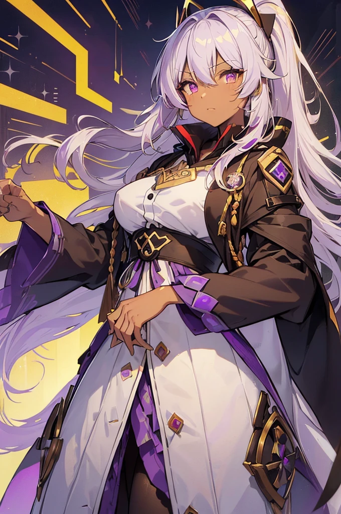 ((Prinz Eugen))、(Yae Miko)、
((Right eye is yellow、Purple left eye:1.5))、(White Hair)、
((Highest quality))、((Highly refined))、((Super detailed))、
((Sparkling Eyes))、((Ultra-high resolution))、((Ultra HD))、
masterpiece、Detailed hands、
One woman、Only one person、solo、
((uniform:1.5))、(Long coat:1.3)、
(Sleeves of priestess clothes:1.1)、
Cyberpunk clothing、
SWAT、Deathscythe、Scythe、
(Brown skin:1.5)、(Tan Skin:1.5)、
Ahoge、messy hair、Super long hair、
ponytail、
Saggy breasts、Long Breasts、Big Breasts、
View the model from the front、