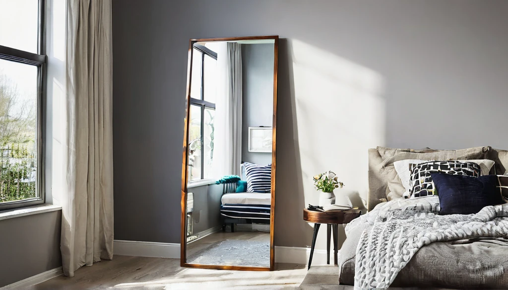 A full length Modern mirror inside a bedroom