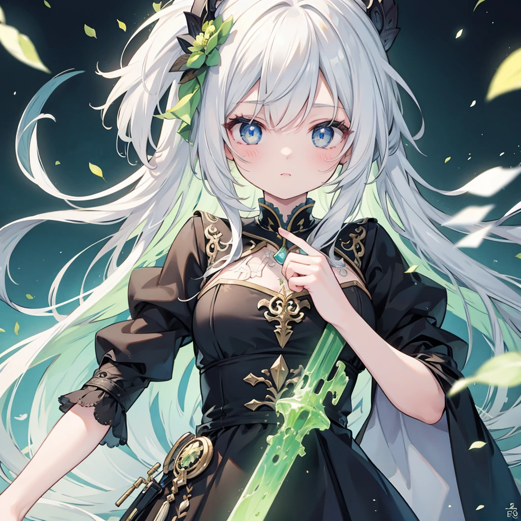 1girl, white hair, long hair, green hair tips, long dress, detailed face, detailed eyes, highly detailed, 8k, ultra-detailed, photorealistic, masterpiece, digital painting, fantasy, cinematic lighting, vibrant colors, intricate details