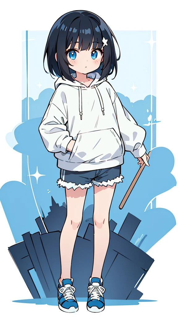 black hair, blue eyes, girl, bob, front, whole body,White hoodie, Gray shorts,White and blue shoes,(((Anime style))),cute