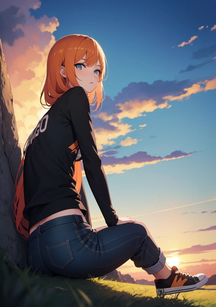 Create art of a goth anime girl,sitting on the grass with your back,watching the horizon,with black shirt written Legends,plaid pants in red and black,black sneakers ,In the background, a very colorful sunset in orange and dark blue,with fluffy clouds forming the phrase Lil Cas't