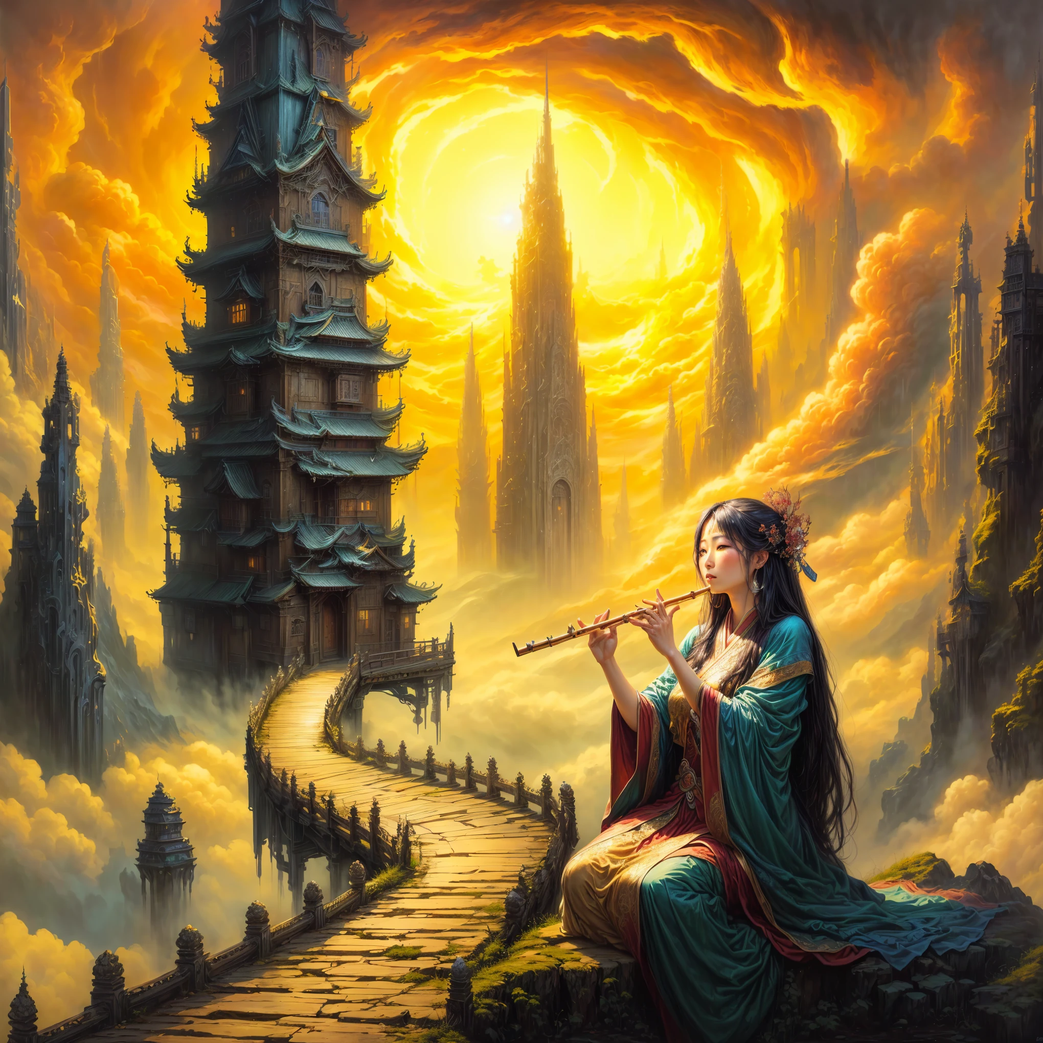painting of an asian woman playing a flute on a bridge in a fantasy landscape, fantasy oil painting, inspired by tomasz alen kopera, inspired by Christophe Vacher, chinese fantasy, fantasy artrealistic painting, wide angle fantasy art, greg beeple, symmetrical epic fantasy art, breathtaking fantasy art, by tomasz alen kopera