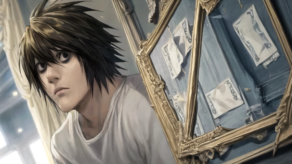 1 boy, man, perfect anatomy, mesmerizing black eyes, 8k resolution, (one person), (realism: 1.2), (masterpiece: 1.2), (cowboy frame: 1.2), dark romantic lighting, (high detail: 1.2), (detailed face: 1.2), (gradients), bright detailed eyes, (natural light: 1.2), solo, indoors, perfect lighting, perfect facial features, perfect angle, perfectly drawn eyes, man, skinny, serious expression, money, dollars, gold around, dollars